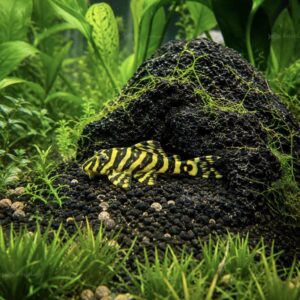 L236 Yellow Zebra Pleco i naturligt akvarium med sten og planter
