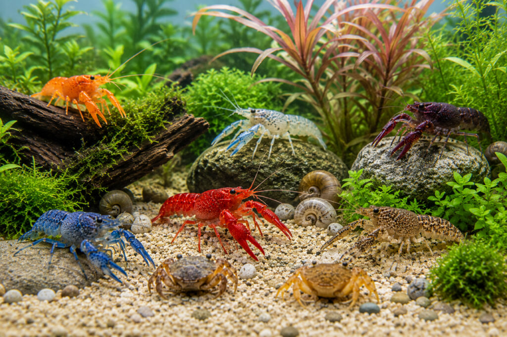 Ferskvandskrebs og krabber i naturligt planteakvarium med sten og trærødder