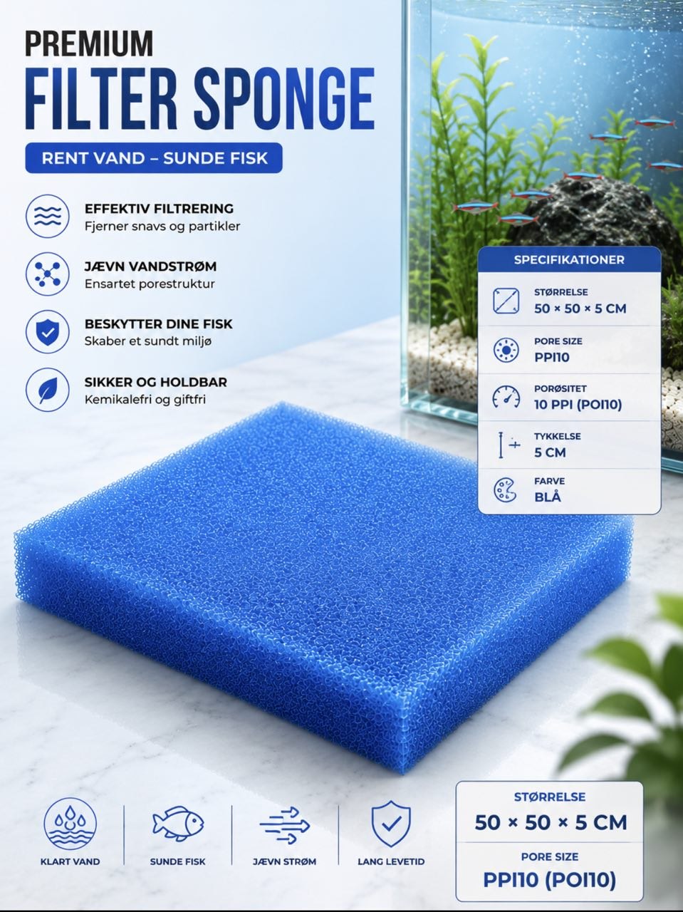 Blå filtersvamp 10 PPI 50x50x5 cm til akvariefilter og sumpfilter | Aqualand