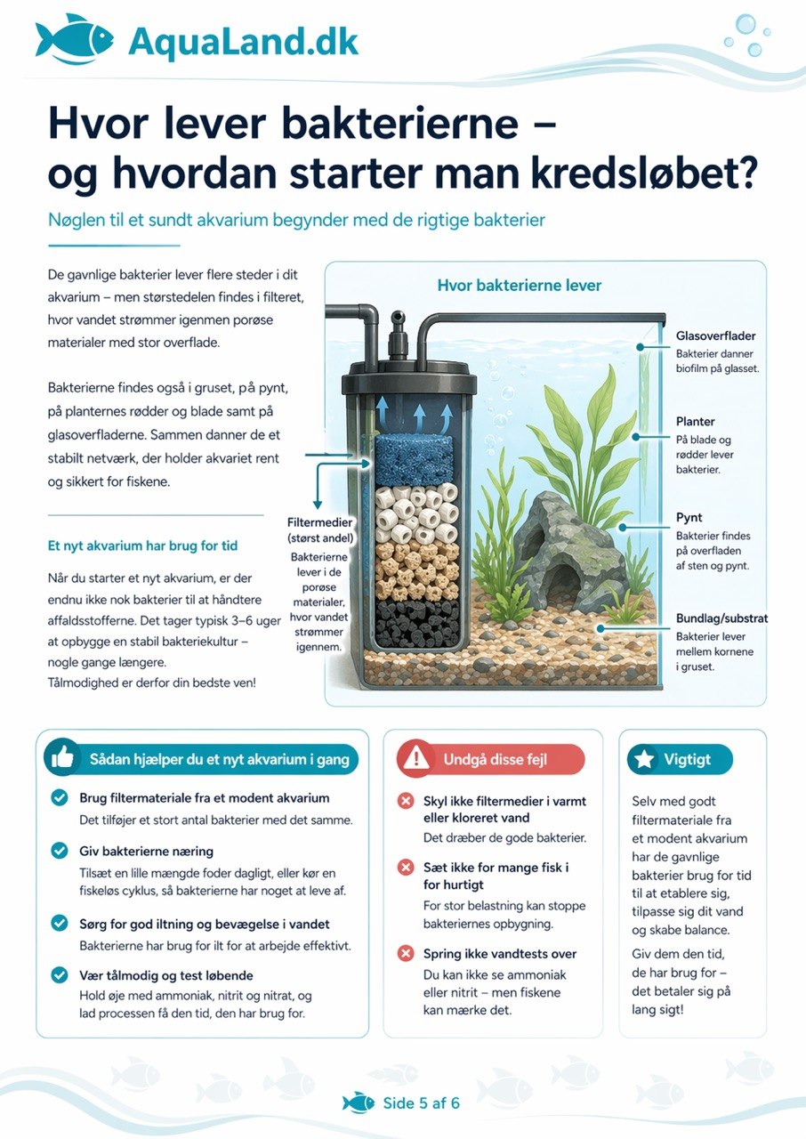Illustration af kvælstofkredsløbet i akvariet med ammoniak, nitrit og nitrat samt biologisk filtrering