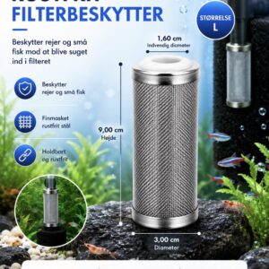 Rustfri filterbeskytter i metal til akvariefilter der beskytter rejer og yngel mod indsugning