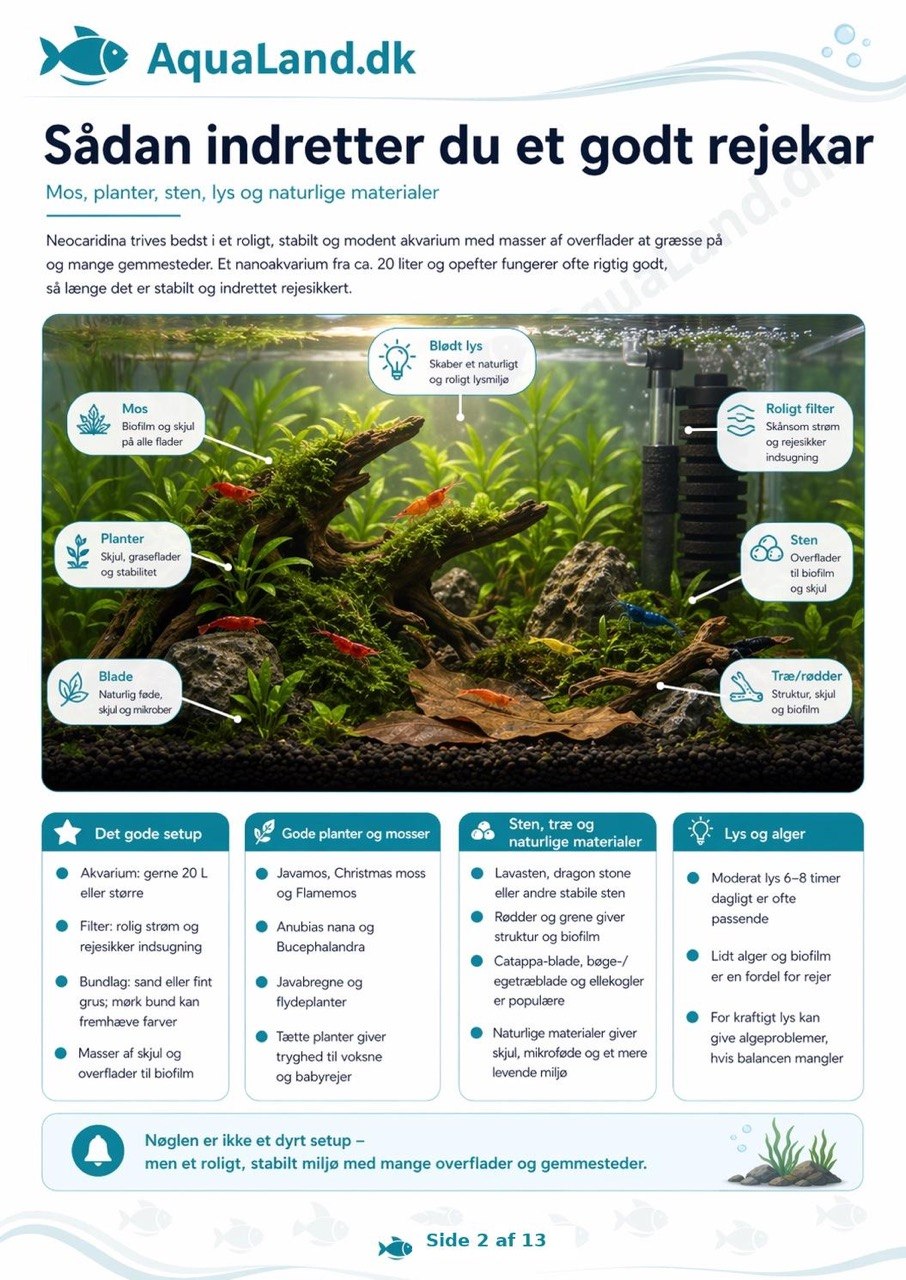 Farverige Neocaridina-rejer i plantet akvarium med information om pasning og vandværdier