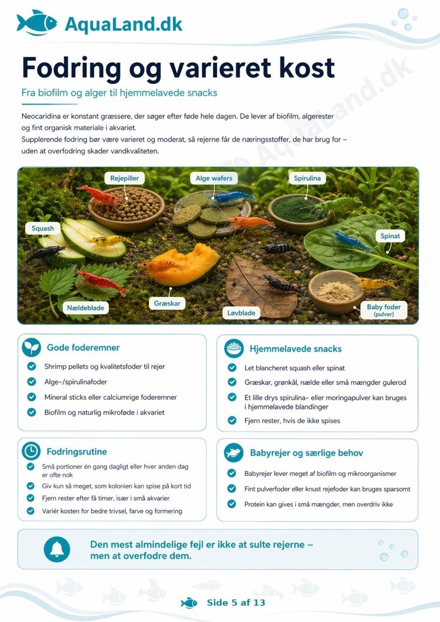 Farverige Neocaridina-rejer i plantet akvarium med information om pasning og vandværdier