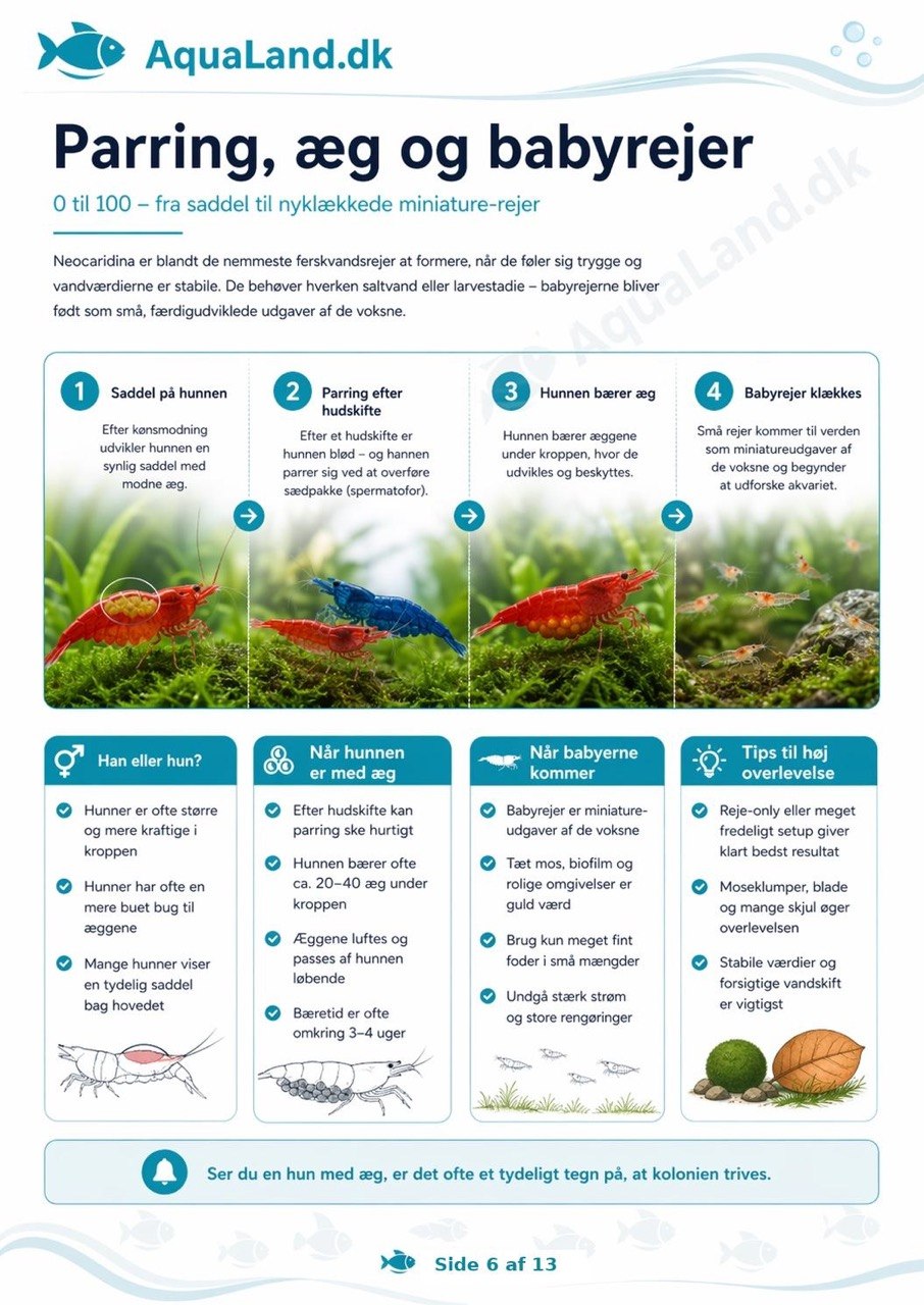 Farverige Neocaridina-rejer i plantet akvarium med information om pasning og vandværdier