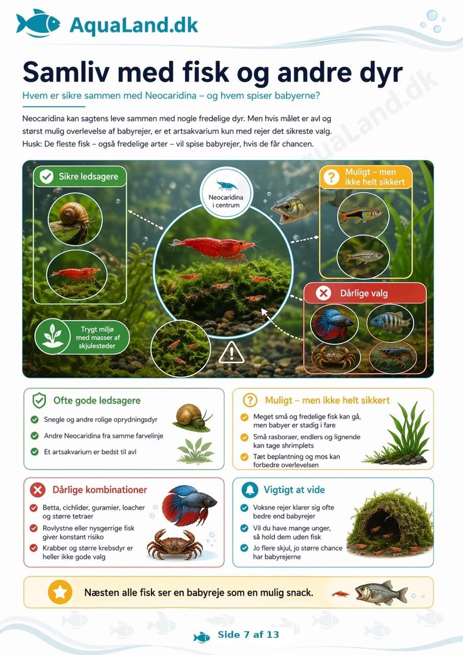 Farverige Neocaridina-rejer i plantet akvarium med information om pasning og vandværdier