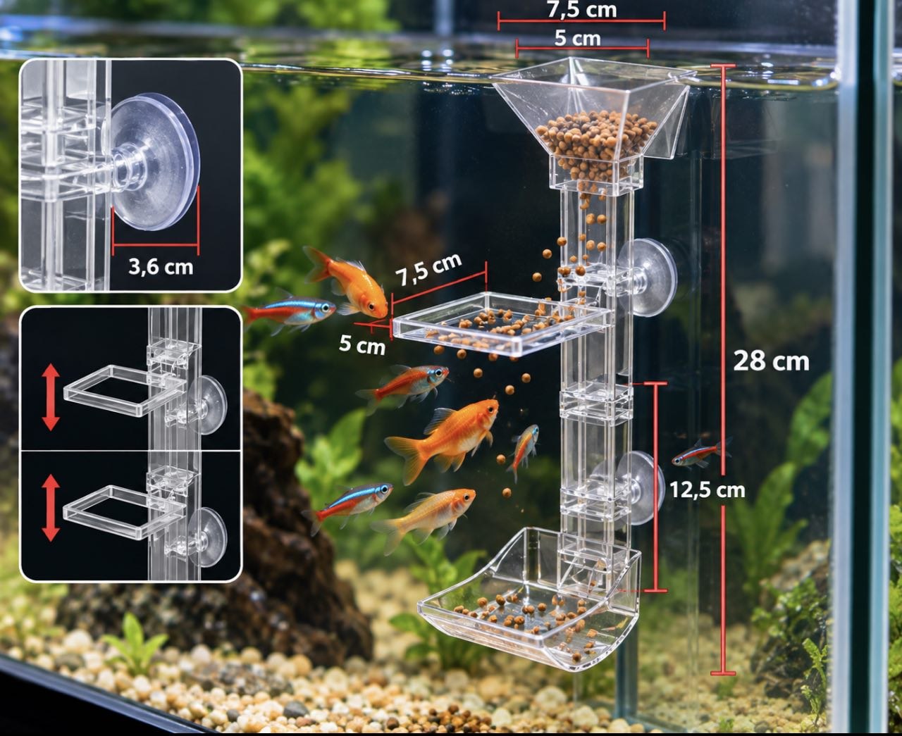 Akvarie Foderstation med Foderrør og Foderring 28 cm til flydende og synkende fiskefoder