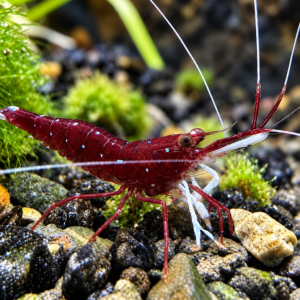 Sulawesi Kardinalreje Caridina dennerli med dybrød krop, lyse prikker og karakteristiske hvide forben i akvarium