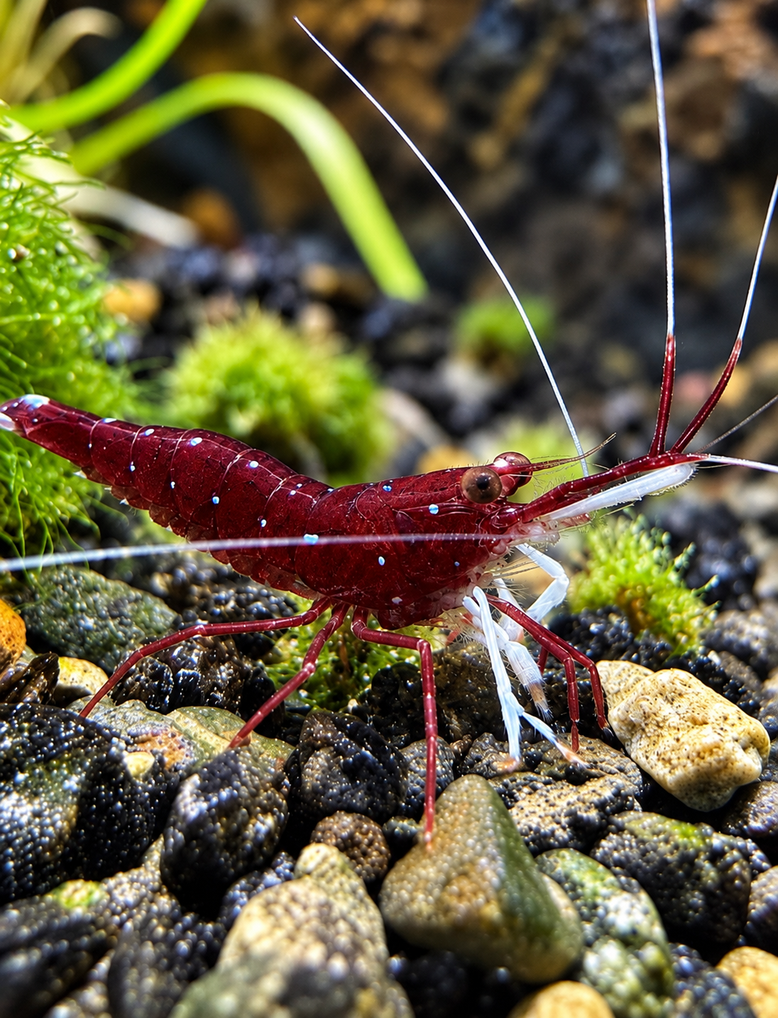 Sulawesi Kardinalreje Caridina dennerli med dybrød krop, lyse prikker og karakteristiske hvide forben i akvarium