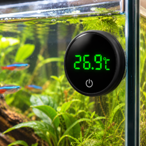 Rundt digitalt LCD akvarie termometer med grønt temperaturdisplay og selvklæbende montering på akvarieglas