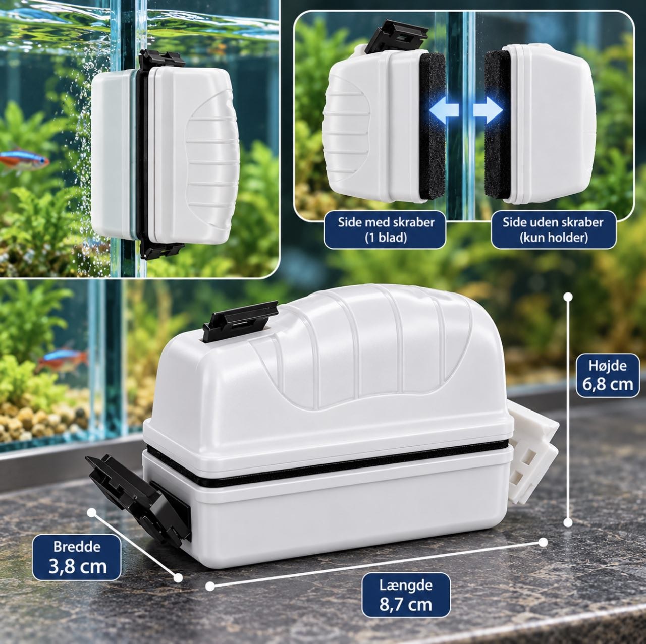 Magnetisk algerenser og glasrenser til akvarium med skraber til rengøring af akvarieglas
